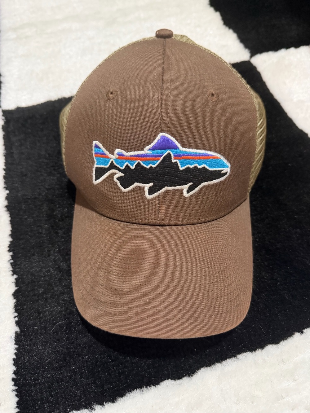 Patagonia Brown Trucker Hat with Multicolor Fish Patch
